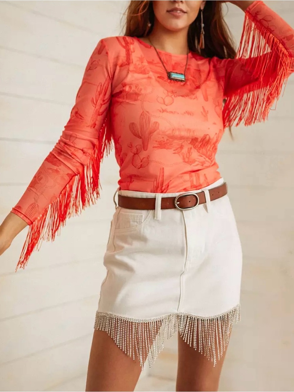 Coral Fringe Long-Sleeve Top